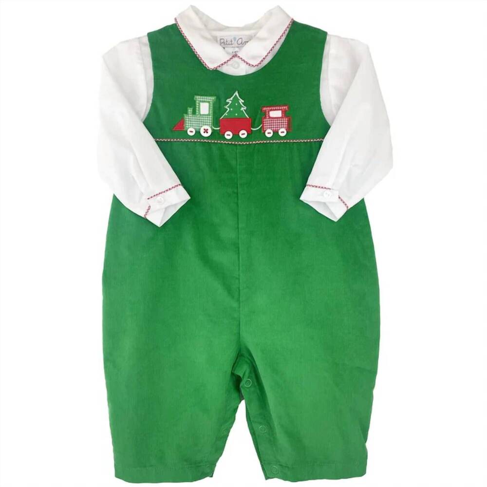 NEW PETIT AMI ZUBELS boy's corduroy longall with christmas train appliqué and sh
